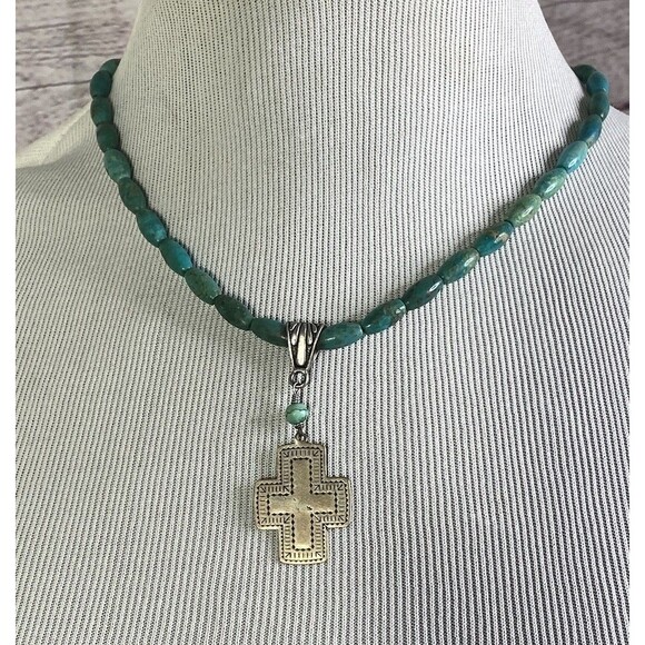 VTG Genuine Turquoise Sterling Cross  Native American Southwestern 18” Necklace - Picture 2 of 11